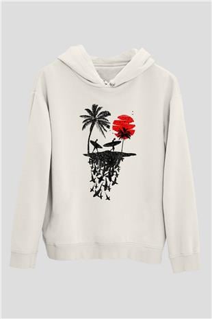 Sörf Baskılı Unisex Ekru Hoodie