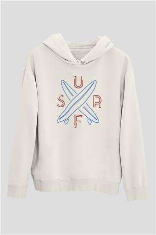 Sörf Baskılı Unisex Ekru Hoodie