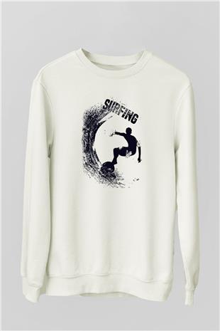 Sörf Baskılı Unisex Ekru Sweatshirt