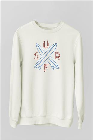 Sörf Baskılı Unisex Ekru Sweatshirt
