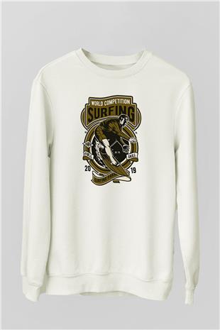 Sörf Baskılı Unisex Ekru Sweatshirt