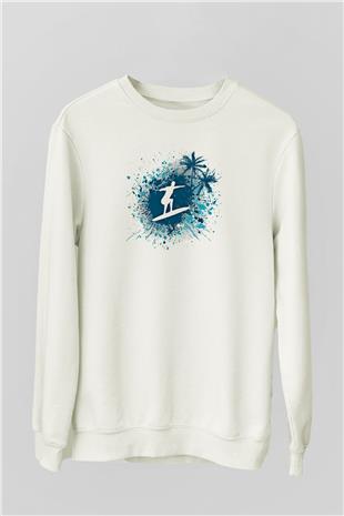Sörf Baskılı Unisex Ekru Sweatshirt