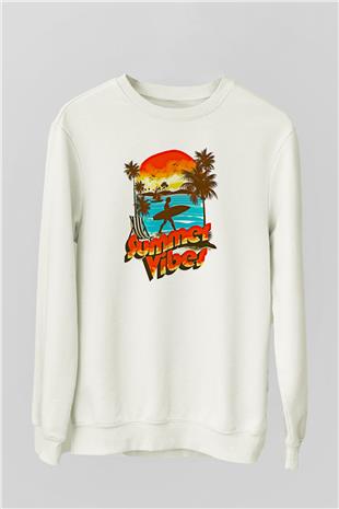 Sörf Baskılı Unisex Ekru Sweatshirt