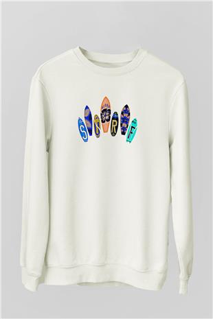 Sörf Baskılı Unisex Ekru Sweatshirt