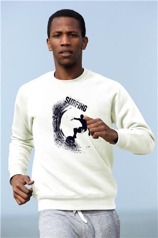 Sörf Baskılı Unisex Ekru Sweatshirt