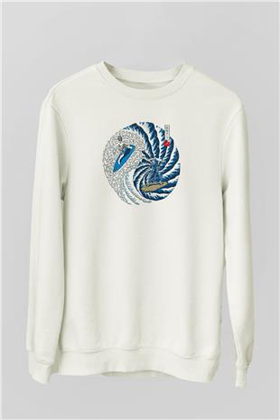 Sörf Baskılı Unisex Ekru Sweatshirt