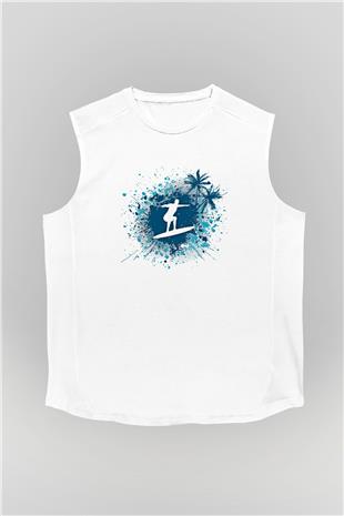 Sörf Baskılı Unisex Kolsuz Beyaz Tişört