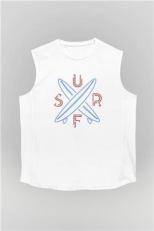 Sörf Baskılı Unisex Kolsuz Beyaz Tişört