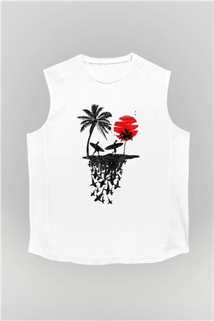 Sörf Baskılı Unisex Kolsuz Beyaz Tişört