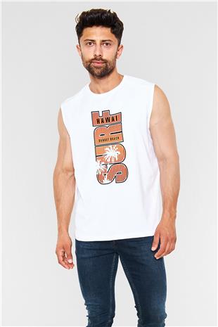 Sörf Baskılı Unisex Kolsuz Beyaz Tişört