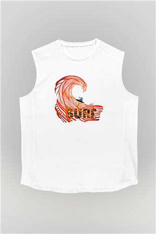 Sörf Baskılı Unisex Kolsuz Beyaz Tişört
