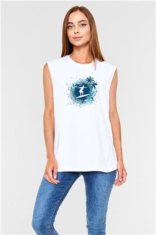 Sörf Baskılı Unisex Kolsuz Beyaz Tişört
