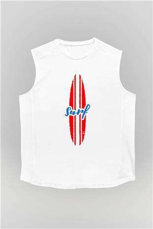 Sörf Baskılı Unisex Kolsuz Beyaz Tişört