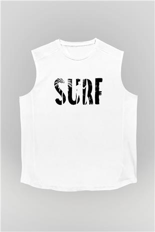 Sörf Baskılı Unisex Kolsuz Beyaz Tişört