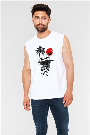 Sörf Baskılı Unisex Kolsuz Beyaz Tişört