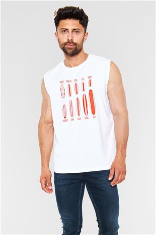 Sörf Baskılı Unisex Kolsuz Beyaz Tişört