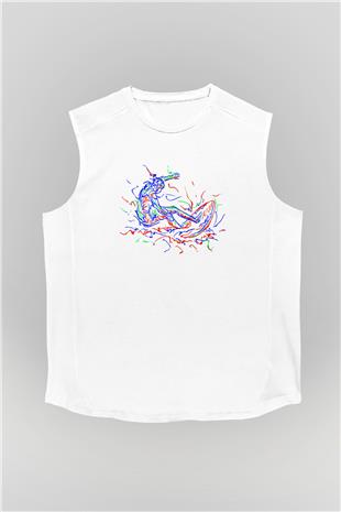 Sörf Baskılı Unisex Kolsuz Beyaz Tişört