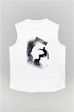 Sörf Baskılı Unisex Kolsuz Beyaz Tişört
