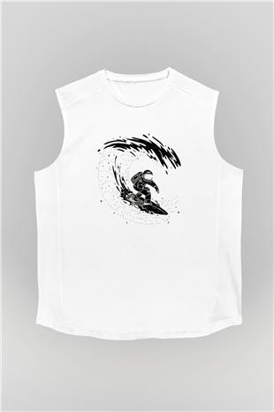 Sörf Baskılı Unisex Kolsuz Beyaz Tişört