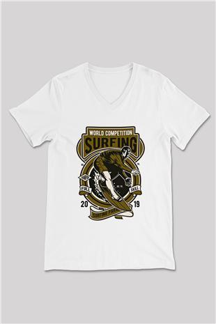 Sörf Baskılı Unisex V Yaka Tişört - Tshirt