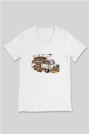 Sörf Baskılı Unisex V Yaka Tişört - Tshirt