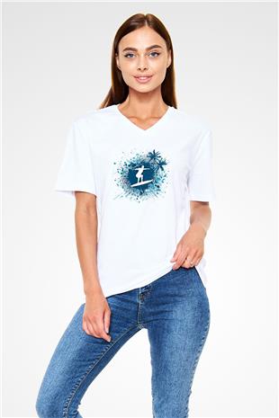 Sörf Baskılı Unisex V Yaka Tişört - Tshirt