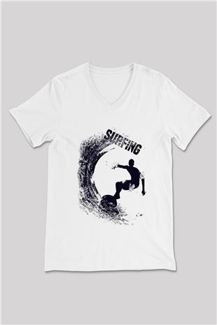 Sörf Baskılı Unisex V Yaka Tişört - Tshirt