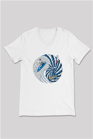 Sörf Baskılı Unisex V Yaka Tişört - Tshirt