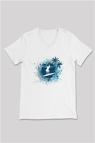 Sörf Baskılı Unisex V Yaka Tişört - Tshirt