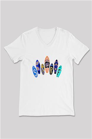 Sörf Baskılı Unisex V Yaka Tişört - Tshirt
