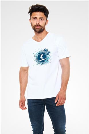 Sörf Baskılı Unisex V Yaka Tişört - Tshirt