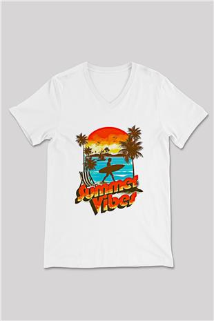 Sörf Baskılı Unisex V Yaka Tişört - Tshirt