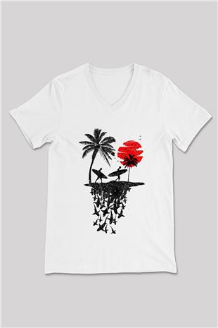 Sörf Baskılı Unisex V Yaka Tişört - Tshirt
