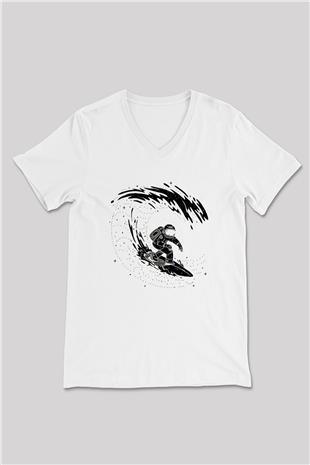 Sörf Baskılı Unisex V Yaka Tişört - Tshirt