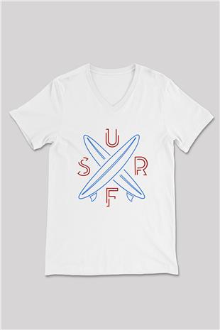 Sörf Baskılı Unisex V Yaka Tişört - Tshirt