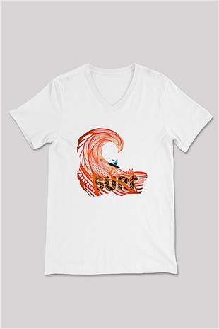 Sörf Baskılı Unisex V Yaka Tişört - Tshirt