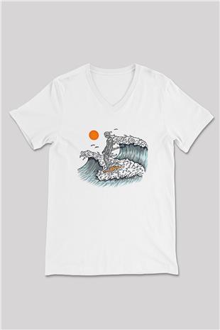 Sörf Baskılı Unisex V Yaka Tişört - Tshirt