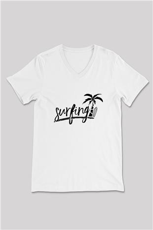 Sörf Baskılı Unisex V Yaka Tişört - Tshirt