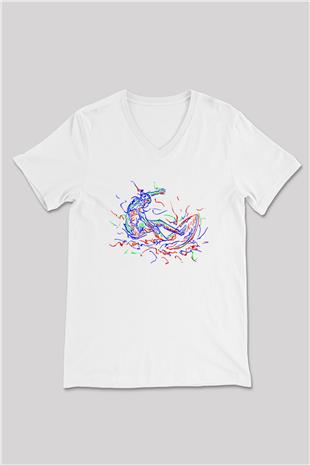 Sörf Baskılı Unisex V Yaka Tişört - Tshirt