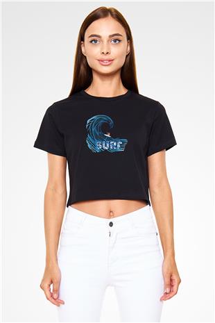 Sörf - Surfing Baskılı Crop Top Siyah Kadın Tişört - Tshirt