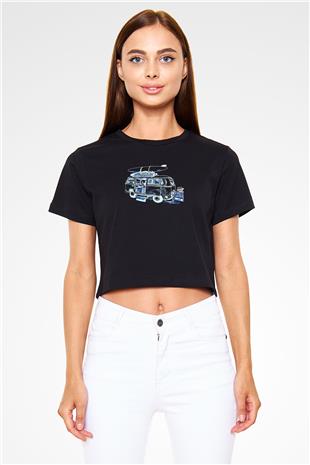Sörf - Surfing Baskılı Crop Top Siyah Kadın Tişört - Tshirt