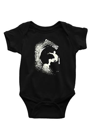 Sörf - Surfing Baskılı Unisex Siyah Bebek Body - Zıbın