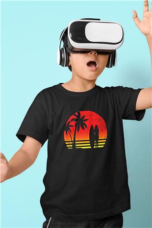 Sörf - Surfing Baskılı Unisex Siyah Çocuk Tİşörtü - Tshirt