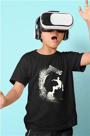 Sörf - Surfing Baskılı Unisex Siyah Çocuk Tİşörtü - Tshirt
