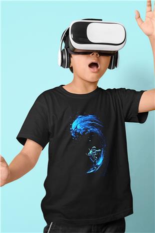 Sörf - Surfing Baskılı Unisex Siyah Çocuk Tİşörtü - Tshirt