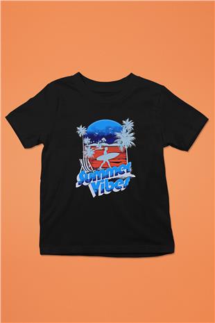 Sörf - Surfing Baskılı Unisex Siyah Çocuk Tİşörtü - Tshirt
