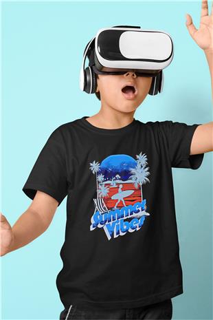 Sörf - Surfing Baskılı Unisex Siyah Çocuk Tİşörtü - Tshirt