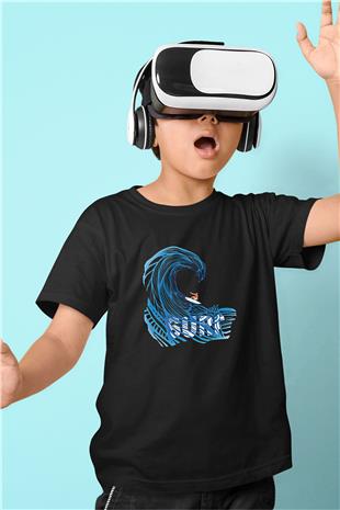 Sörf - Surfing Baskılı Unisex Siyah Çocuk Tİşörtü - Tshirt