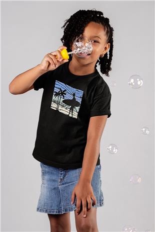 Sörf - Surfing Baskılı Unisex Siyah Çocuk Tİşörtü - Tshirt