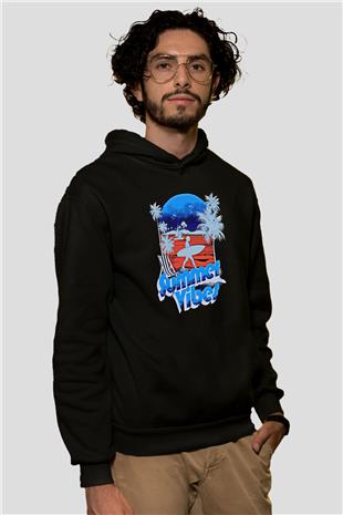 Sörf - Surfing Baskılı Unisex Siyah Kapüşonlu Sweatshirt